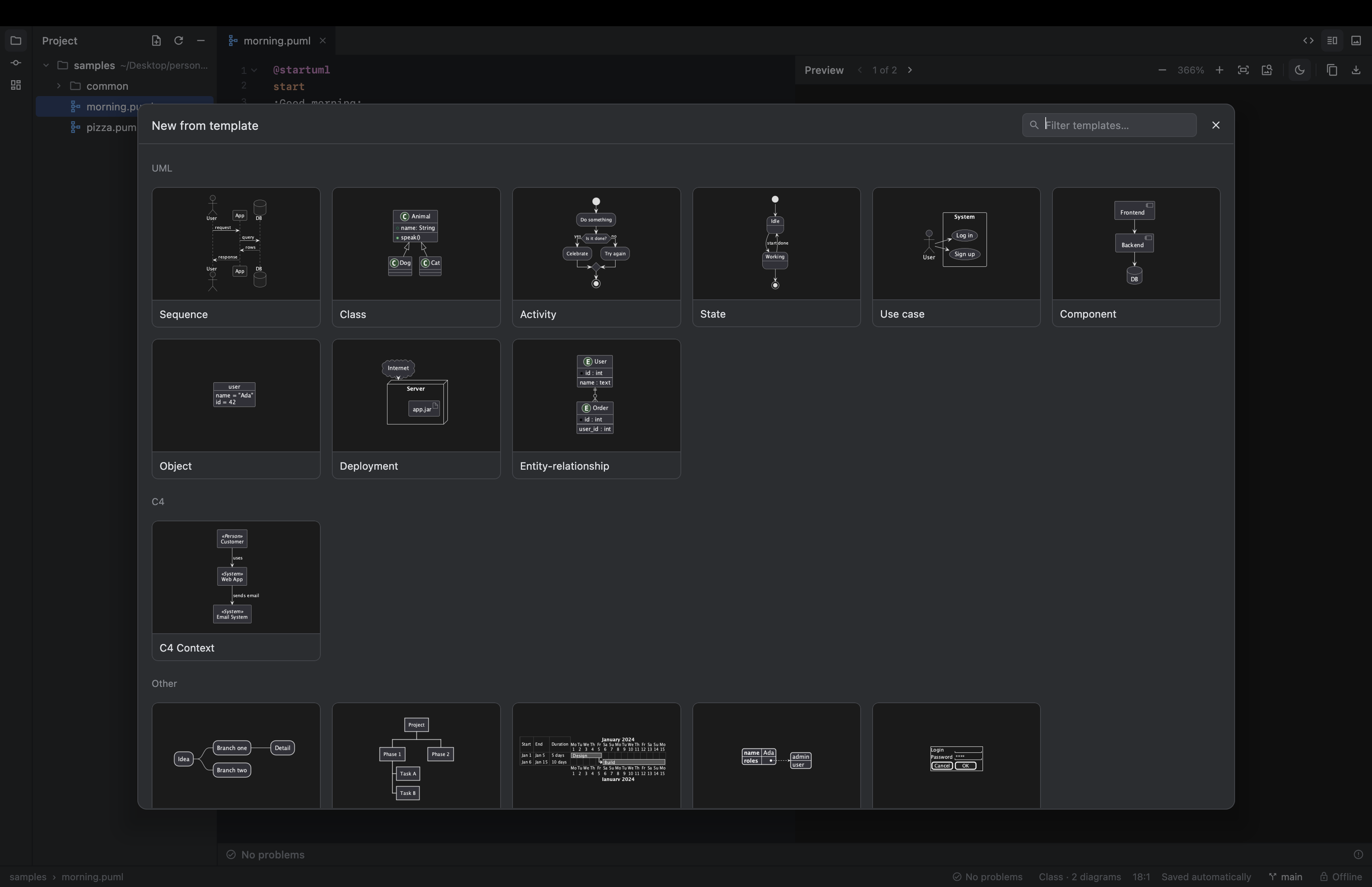 Template gallery with live diagram thumbnails
